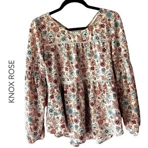 KNOX ROSE | NWOT | BOHO FLORAL LONG SLEEVE TIERED TASSEL TOP | SIZE: SMALL